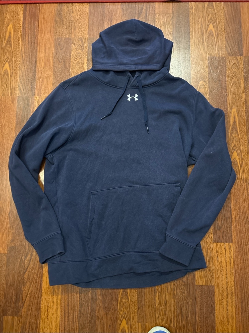 Under Armour Navy Blue Faded Distressed Hoodie Size Large Loose Center Logo